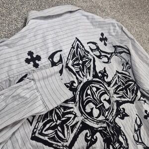 Y2K Raw State Button Up Shirt Mens XL Velvet Cross Grunge Redemption Gray